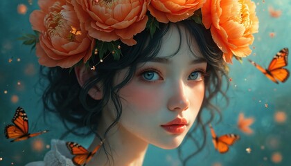 Close-up portrait of young woman with floral crown and orange butterflies flying around her. Soft glowing light illuminates her face and blue eyes. Delicate fantasy art.