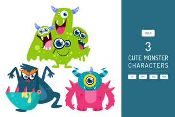 Pixel Art Group of Colorful Cartoon Monsters on Transparent Background
