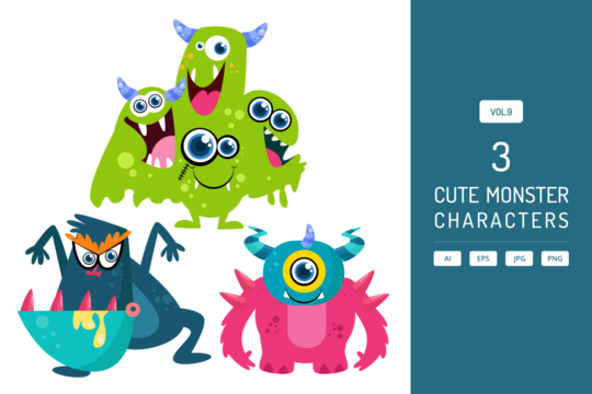 Pixel Art Group of Colorful Cartoon Monsters on Transparent Background