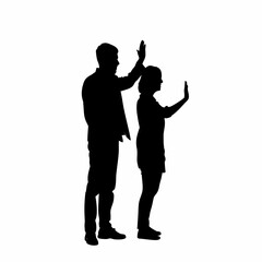 Silhouette of a couple arguing with raised hands isolated on white background