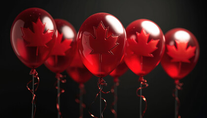 Red balloons with maple leaves float against a dark backdrop. These represent Canada Day celebrations and national pride. Festive decorations for holiday parties and events.