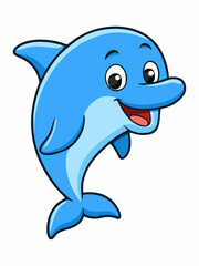 This cheerful cartoon dolphin illustration features a bright blue dolphin with a friendly smile and expressive eyes.