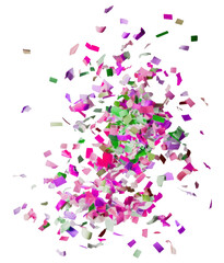 Colorful confetti explosion with pink, purple, and green pieces floating in the air.