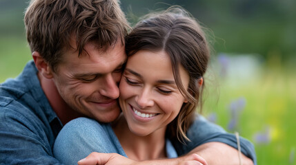 Fototapeta premium Happy young couple embracing and smiling while sitting outdoors, under gentle natural light, highlighting warm connection and serene setting, serene outdoor scene, calm daylight li