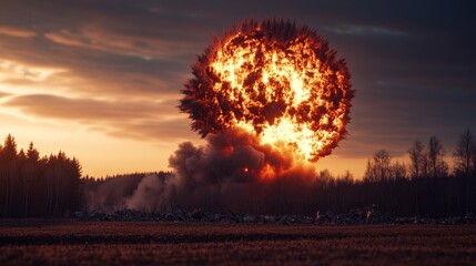 Powerful fiery explosion illuminates a dramatic landscape with a forest backdrop, conveying themes of destruction, power, and environmental impact