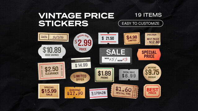 Vintage Price Stickers, Retro Labels & Old Pricing Tags for 90s Style Retail Sale Prices & Discounts