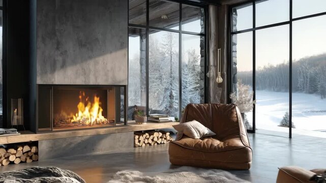 Cozy Rustic Living Room with Fireplace and Snowy Winter View Brown Leather Armchairs Fluffy Rug Wooden Ceiling and Concrete Walls Large Windows and Ambiant Lighting
