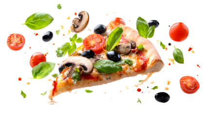 Flying pizza slice with ingredients isolated on transparent white background
