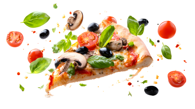 Flying pizza slice with ingredients isolated on transparent white background