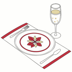 Vector art of elegant holiday table setting with a poinsettiathemed plate, champagne flute, and minimalist cutlery, ideal for festive celebrations and special occasions