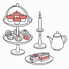 Vector art of elegant tea party arrangement featuring a tiered cake stand with cupcakes and pastries, a candle, a teapot, and a slice of cake, perfect for afternoon tea