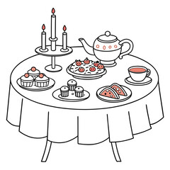 Vector art of a delightful tea party illustration, showcasing a table adorned with cupcakes, a teapot, and various treats, all illuminated by the warm glow of candles
