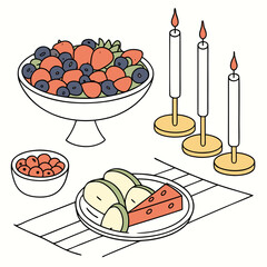 Vector art of a charming illustration of a fruitfilled feast, featuring a bowl overflowing with berries, accompanied by candles and a plate of apples and cheese