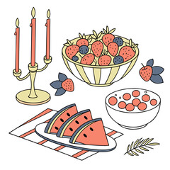 Vector art of a vibrant illustration of a fruitthemed gathering, showcasing a bowl of strawberries and blueberries, watermelon slices, and a candelabra