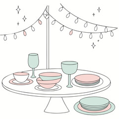 Vector art of a delightful illustration showcasing a festive table setting with string lights, evoking a sense of celebration and joy in a clean, minimalist style