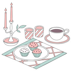 Vector art of a charming still life illustration featuring a cozy arrangement of candles, cupcakes, and a cup of coffee, evoking a sense of warmth and comfort in a minimalist style