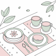 Vector art of an inviting illustration depicting a charming table setting with tea cups and a bowl of soup, evoking a sense of tranquility and warmth in a minimalist style
