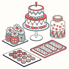 Vector art of a delightful assortment of homemade treats, including a twotiered cake, jars of flowers, cookies, and candies, all arranged on a white surface