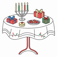 Vector art of a festive table adorned with a white tablecloth, featuring a menorah with lit candles, wrapped gifts, cookies, and a small cake, creating a warm and celebratory hanukkah scene
