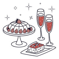 Vector art of festive dessert table with strawberry panna cotta, cake, and champagne flutes, perfect for celebrations, parties, or special occasions, creating a sweet and joyful atmosphere