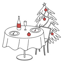 Illustration of a christmas dinner table with a bottle of wine, glasses, plates, and a christmas tree, perfect for festive holiday designs