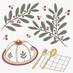 Vector art of festive illustration of a holiday dinner setting with a cloche, cutlery, napkin, and olive branches, ideal for seasonal designs