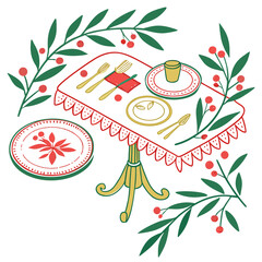 Vector art of charming illustration of a festive holiday dinner table setting with dishes, cutlery, and olive branches, perfect for seasonal designs