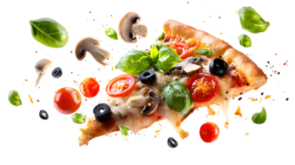 Flying pizza slice with ingredients isolated on transparent white background
