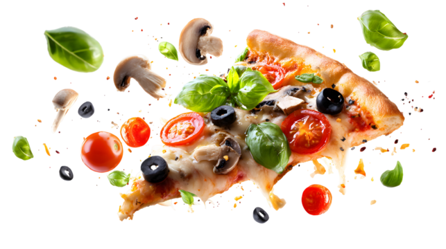 Flying pizza slice with ingredients isolated on transparent white background