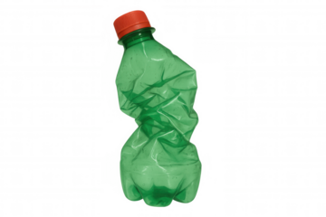 Crumpled single-use green plastic bottle with an orange cap for recycling and waste pollution concept