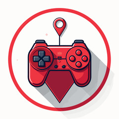 Red video game controller with a map pin icon overlay, symbolizing gaming location or discovery