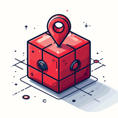 Isometric 3D Red Cube with Location Pin Icon and Grid Lines, Representing Navigation, Placement, and Digital Mapping Concepts