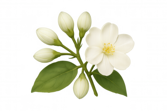 Jasmine branch illustrating blooming flowers and closed buds with green leaves, transparent background