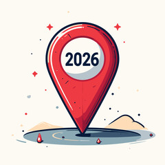 Vivid illustration showcasing a red location marker highlighting the year 2026, representing future objectives, strategic planning, business goals, and upcoming milestones
