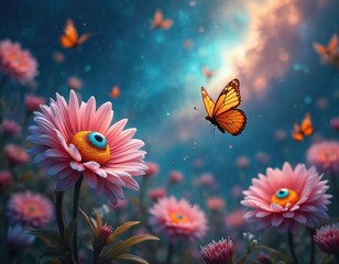 Whimsical flowers with eyes and orange butterflies flutter in a dreamy cosmic sky. Surreal garden scene with vibrant blooms and ethereal light.