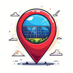 Red location pin icon showcasing a solar panel farm, a creative concept for renewable energy, sustainability, and green technology