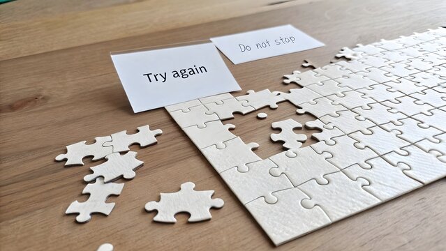 Wooden puzzle with missing piece and motivational messages