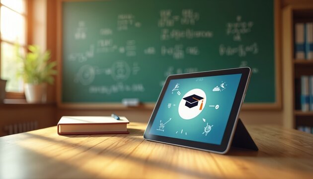 Digital tablet displays graduation cap icon for online learning. Textbook rests beside device on desk in classroom. Online education concept is shown.