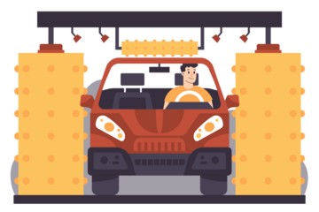 Pixelated Car Wash Illustration with Red Vehicle and Yellow Brushes on Transparent Backdrop