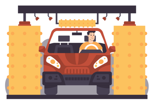 Pixelated Car Wash Illustration with Red Vehicle and Yellow Brushes on Transparent Backdrop