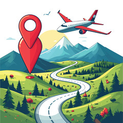 Scenic airplane journey over a winding road leading to a destination pin in a beautiful mountain landscape illustration