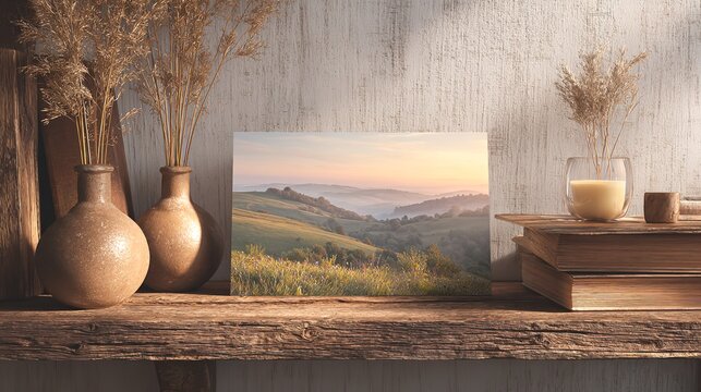 The gentle warmth of sunrise over Tuscany captured in art evoking peaceful mornings and rustic charm displayed on an old