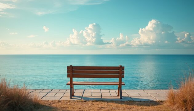 Empty wooden bench faces peaceful sea with cloudy sky. Relaxation spot at ocean shore provides calm mood, escape. Horizon background for recreation meditation outdoors. Place of solitude zen therapy.
