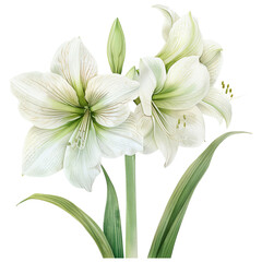 Fototapeta premium White Amaryllis Flower with Green Accents on transparent background