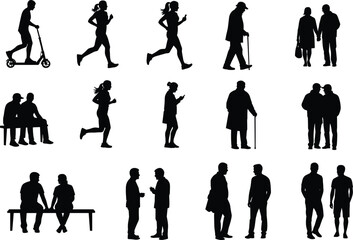 Silhouette of people walking, running, sitting, scooter riding, standing, talking, exercising, couple together, everyday lifestyle, urban activity illustration