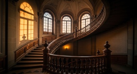 Sunlit grand hall with an ornate wooden spiral staircase, arched windows, and warm glow