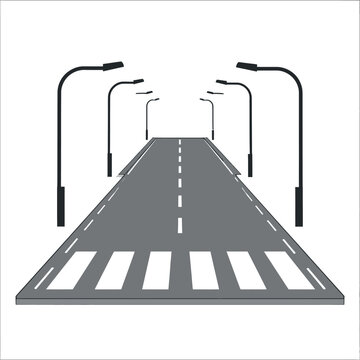 City Street Scene A Straight Road With Crosswalk and Street Lights Vector Illustration