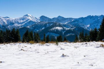 Snow-covered mountains after the first snowfall in early autumn.autumn, snow, white, fall