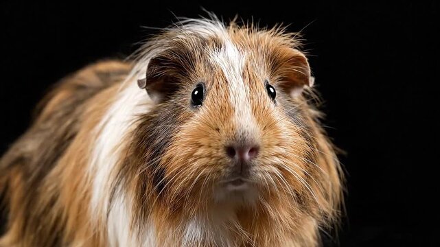 A fluffy guinea pig stares forward set against a black background It has brown white  tan fur