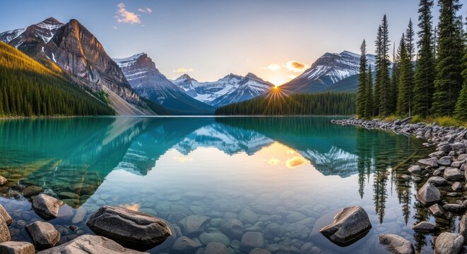 Sunrise over a clear mountain lake, rocky shore, snow-capped peaks, sunburst, reflections - Powered by Adobe